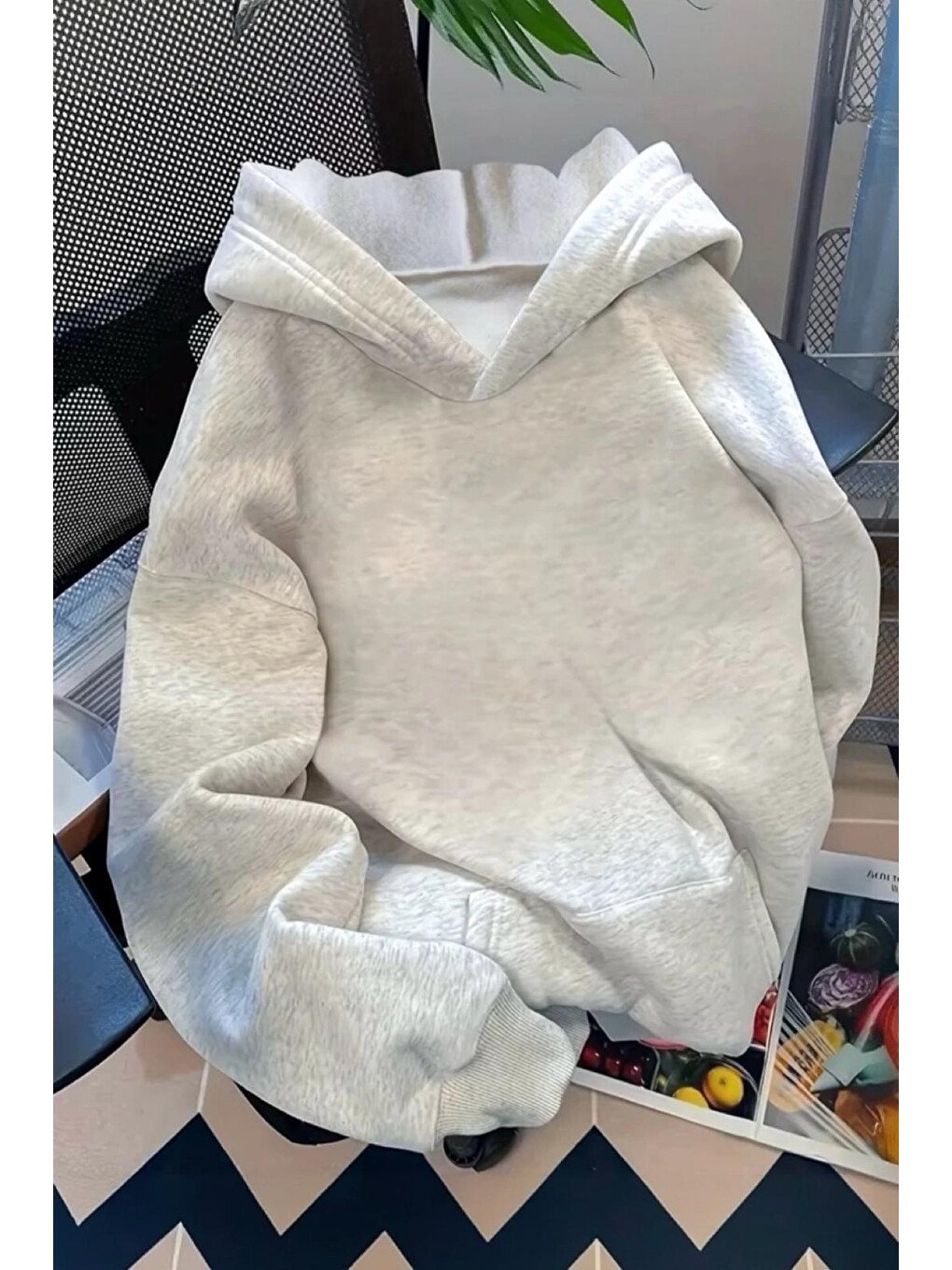 Gri Sunny Day Botanical Sırt Baskılı Oversize Kapüşonlu Sweatshirt | Çiçek Desenli Şardonlu Kumaş Hoodie-1