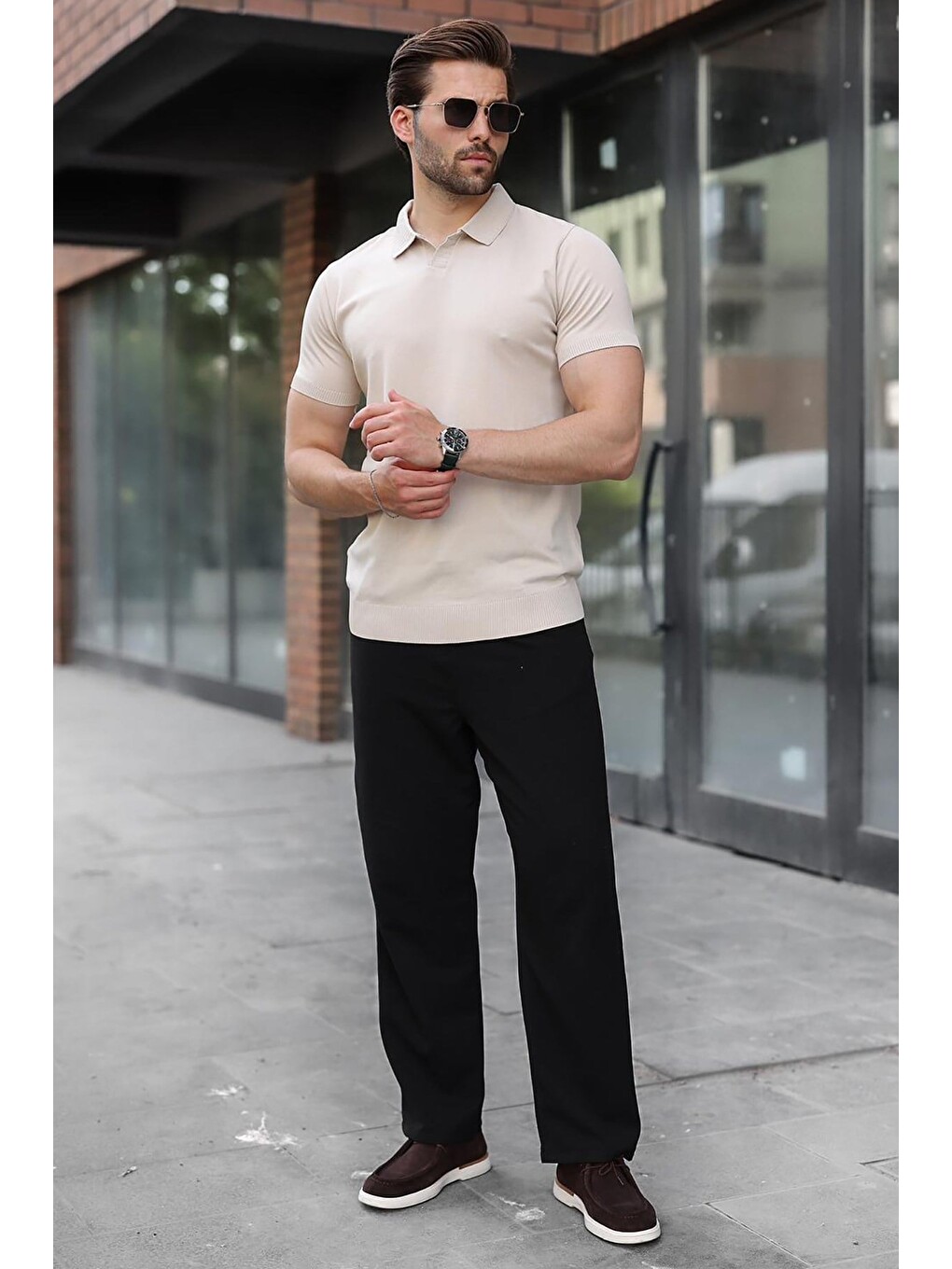 Bej Taş Rengi Regular Fit Polo Yaka Triko Erkek Tişört E7502-5