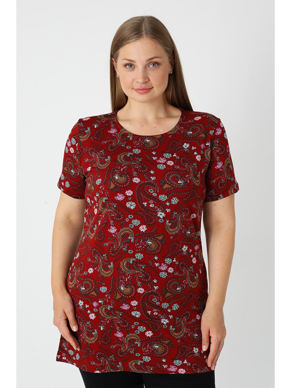 Bordo Haki Desenli Kısa Kollu Kadın Büyük Beden Pamuklu T-shirt-1