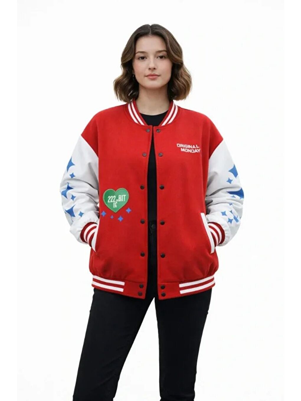 Kırmızı Varsity Çıtçıtlı Baskılı Oversize Kalıp Kolej Ceket - Kırmızı-3