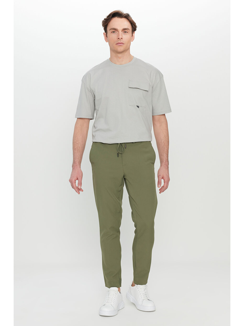 Erkek Yeşil Slim Fit Dar Kesim Beli Bağlamalı Yan Cepli Casual Pantolon-1