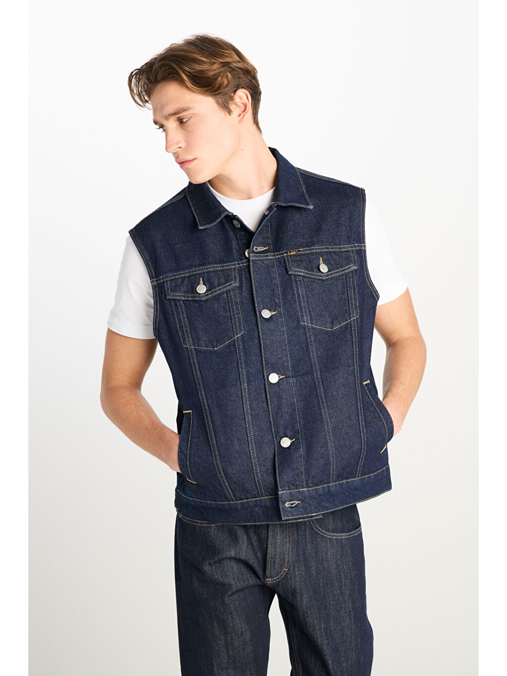 %100 Pamuk Relaxed Fit Geniş Kesim Lacivert Denim Yelek