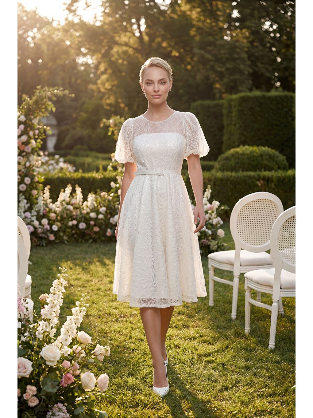 Kadın Beyaz Balon Kol Kemerli Söz Nişan Nikah Abiye Elbise-4