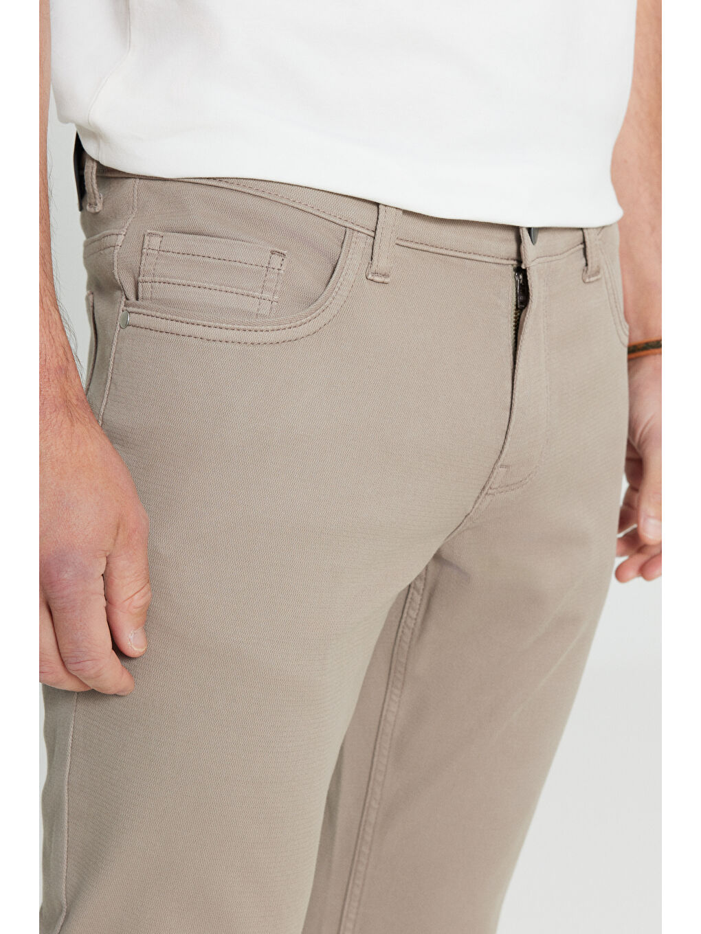 Bej Erkek Vizon Pamuklu Slim Fit Dar Kesim 5 Cepli Armürlü Esnek Casual Pantolon-3