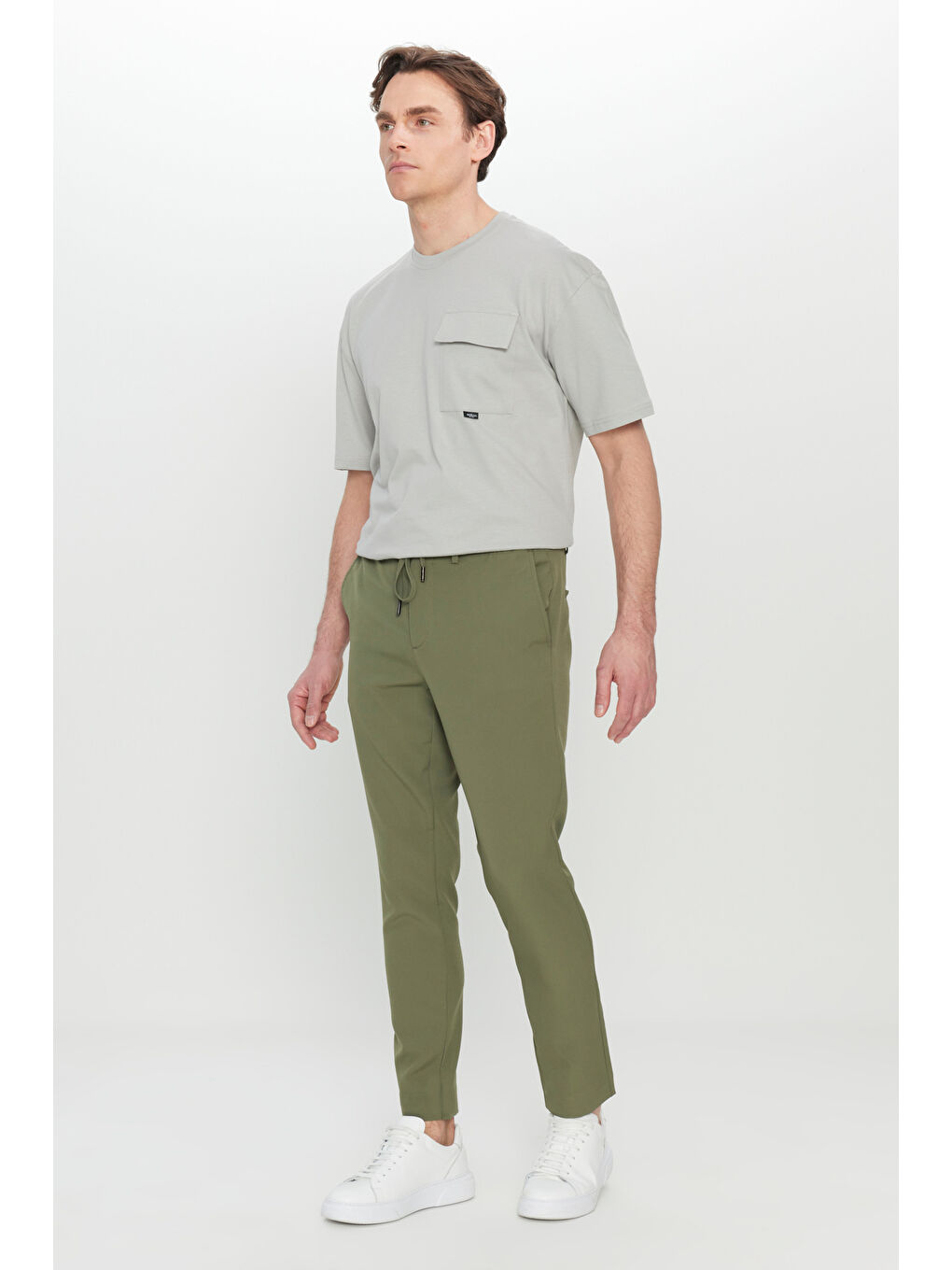 Erkek Yeşil Slim Fit Dar Kesim Beli Bağlamalı Yan Cepli Casual Pantolon-2