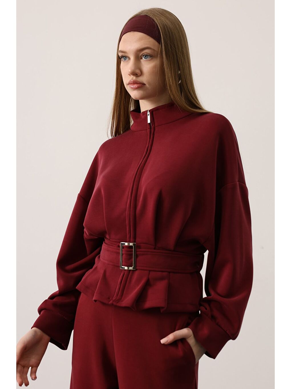 Bordo Kadın Fermuar Detaylı Ön Bağlamalı Ceket-2