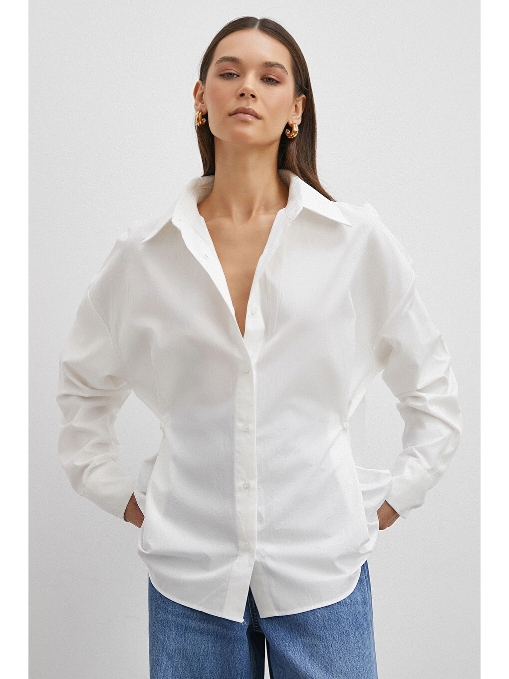 Düğme Detaylı Pamuklu Gömlek Beyaz-2