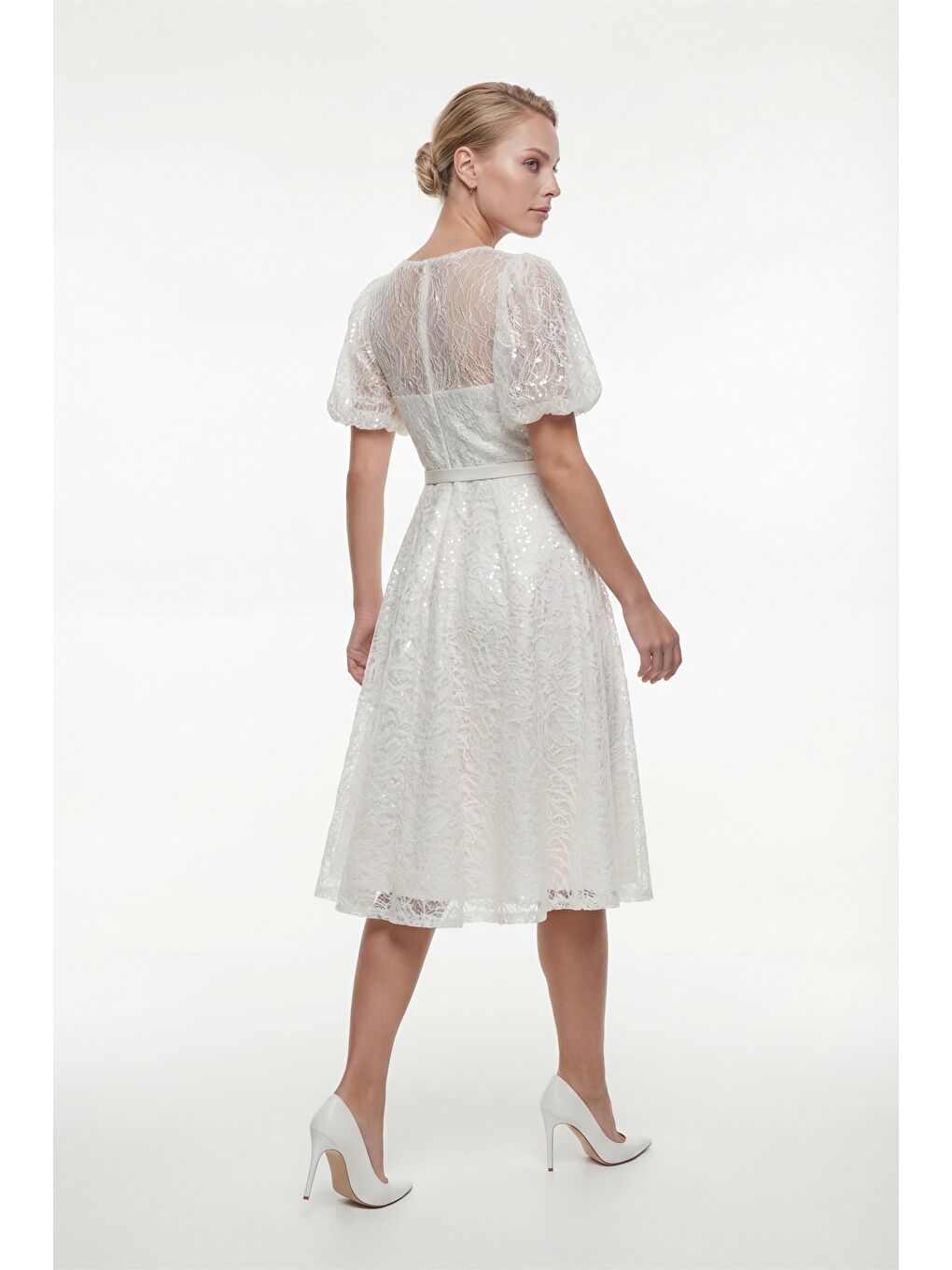 Kadın Beyaz Balon Kol Kemerli Söz Nişan Nikah Abiye Elbise-5