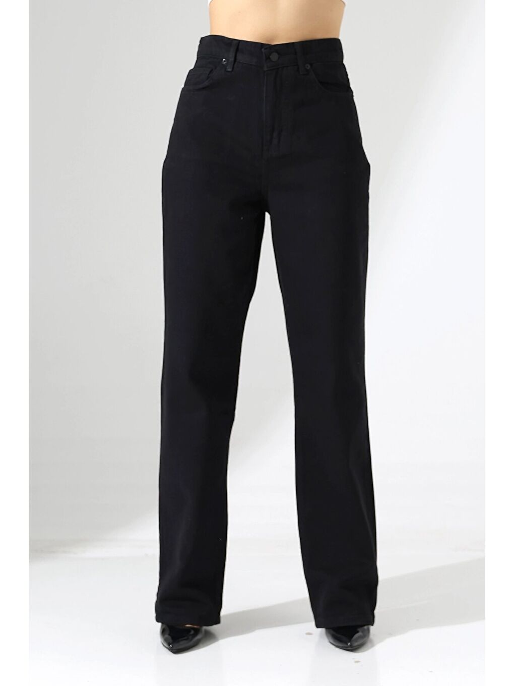 Yüksek Bel Düz Paça Siyah Pantolon-2