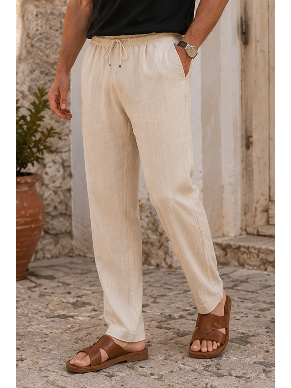Ekru Erkek Krem Regular Fit Müslin Pantolon
