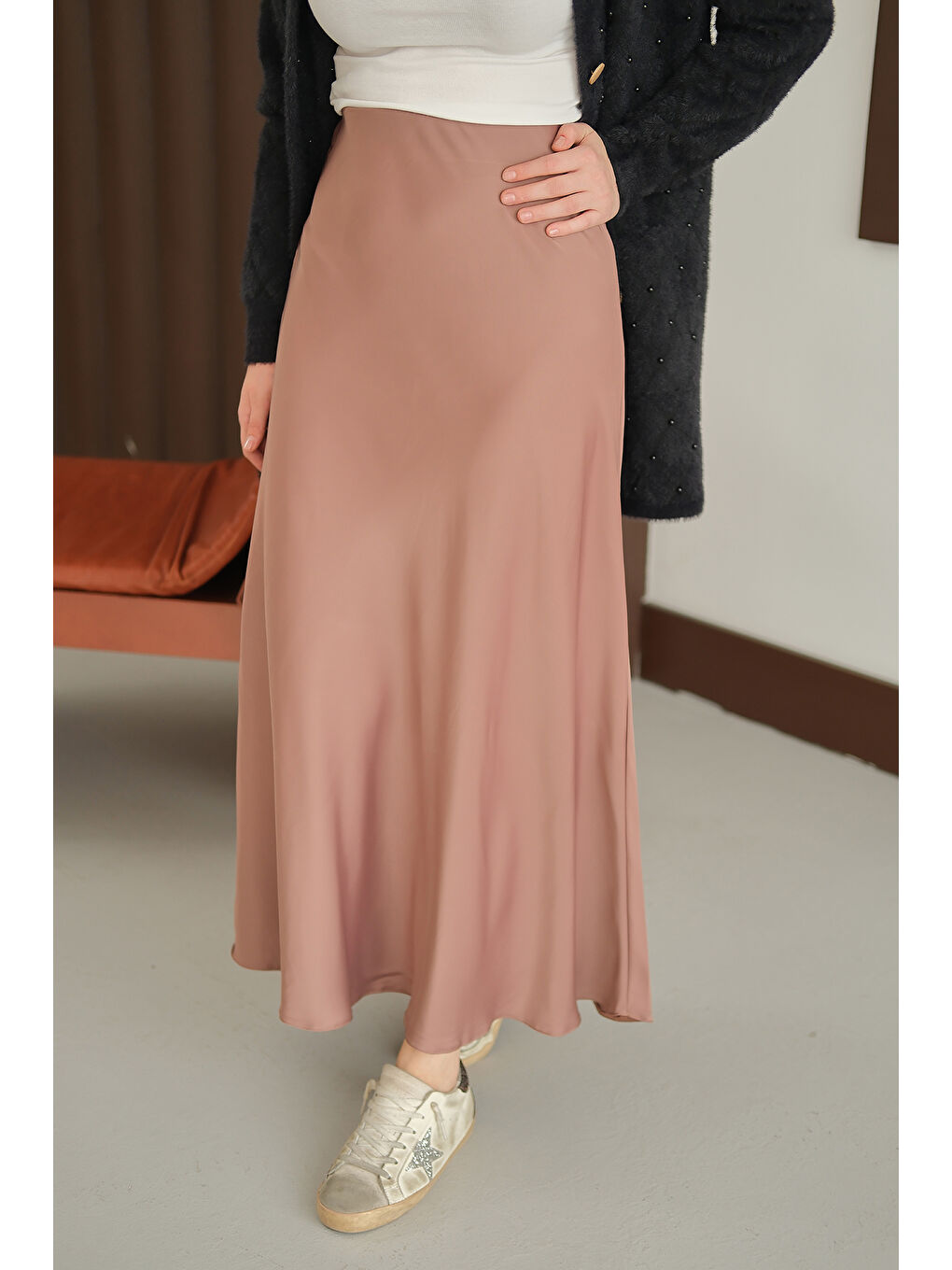 Kahverengi Kadın Saten Etek Açık Vizon-1