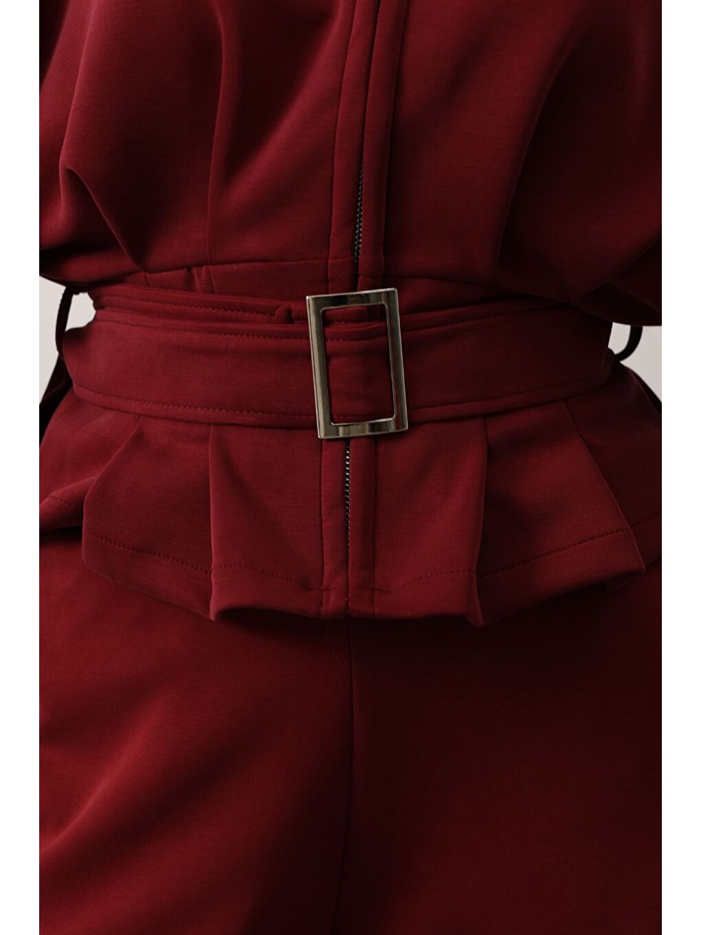 Bordo Kadın Fermuar Detaylı Ön Bağlamalı Ceket-3