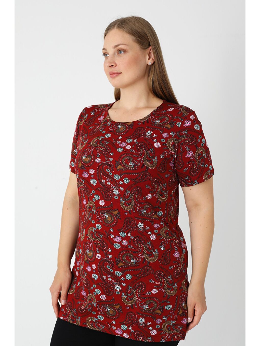 Bordo Haki Desenli Kısa Kollu Kadın Büyük Beden Pamuklu T-shirt-3