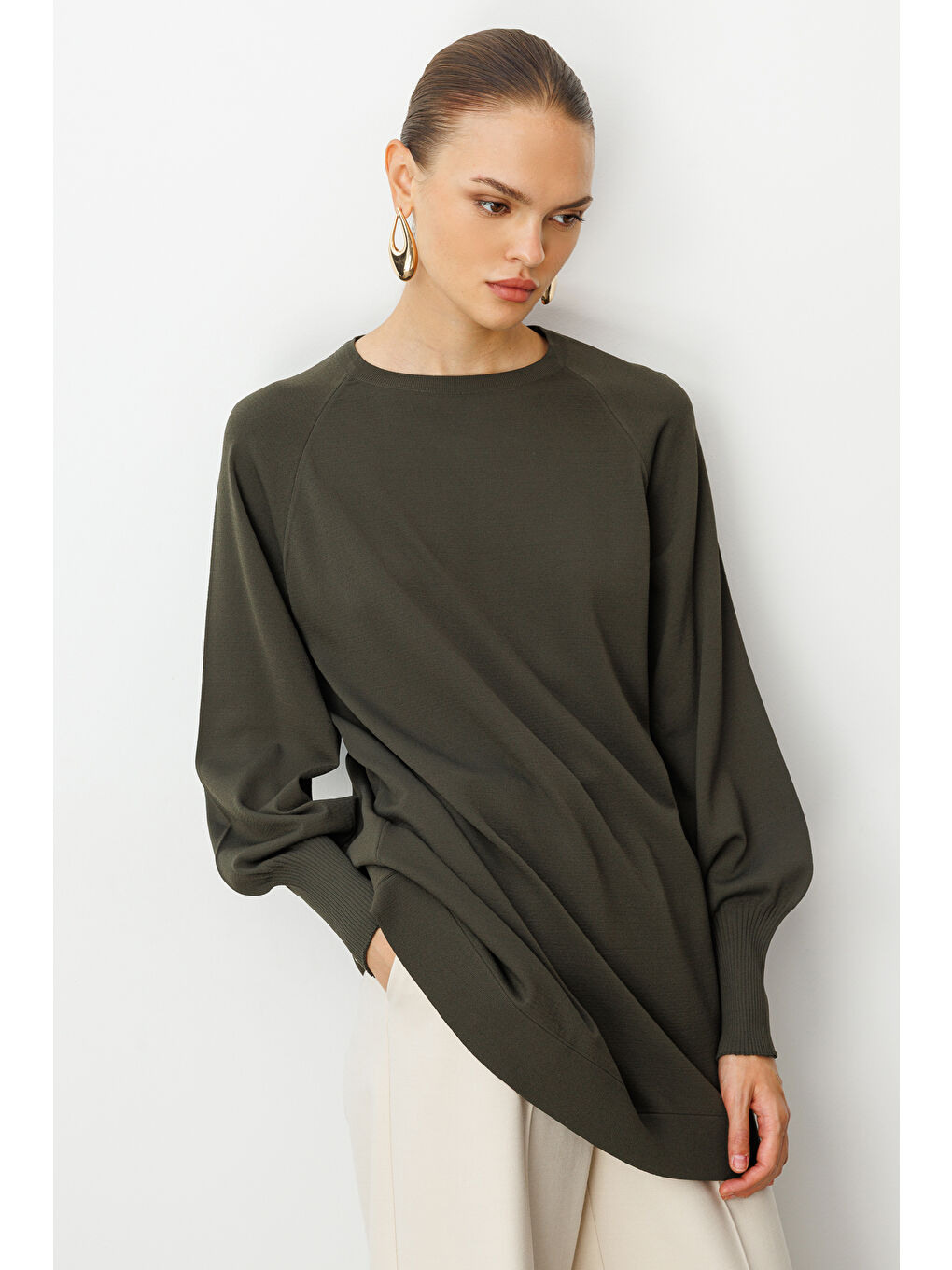 Balon Kollu Rayon Haki Tunik-2