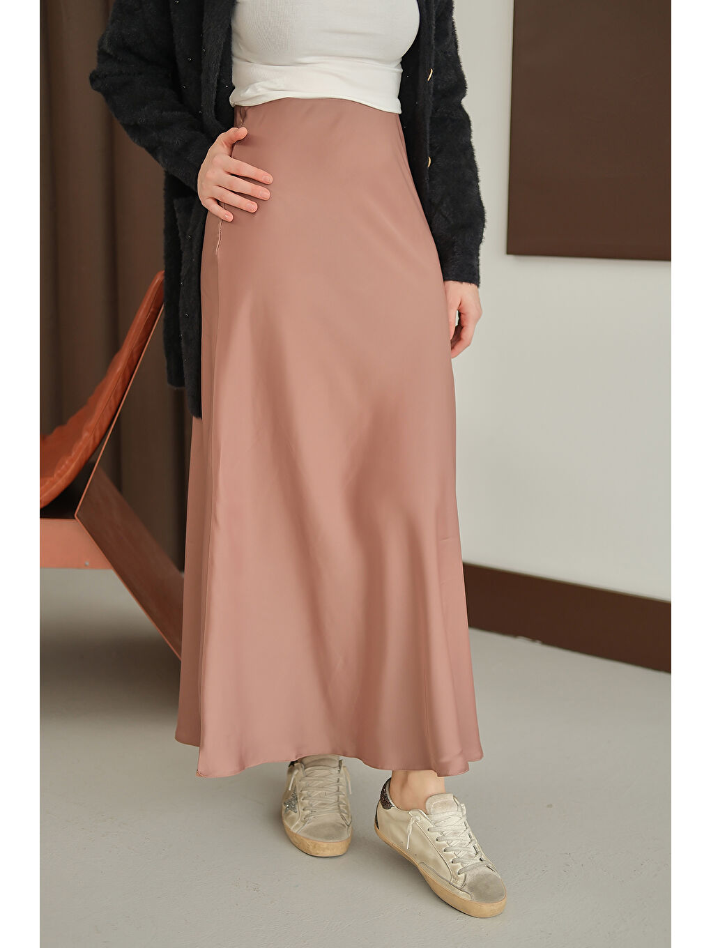 Kahverengi Kadın Saten Etek Açık Vizon-2