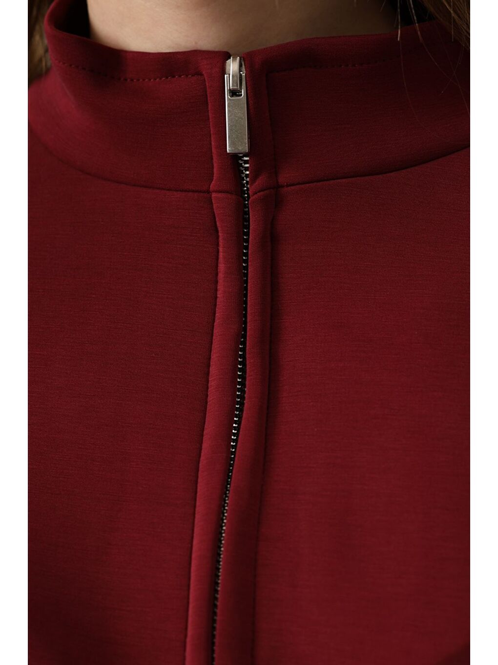 Bordo Kadın Fermuar Detaylı Ön Bağlamalı Ceket-4