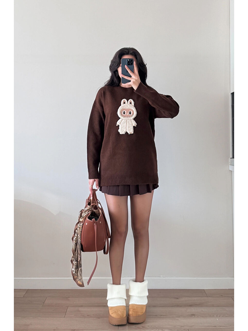 Kahverengi Kadın Kahve Labubu Kazak 1014-5244-3