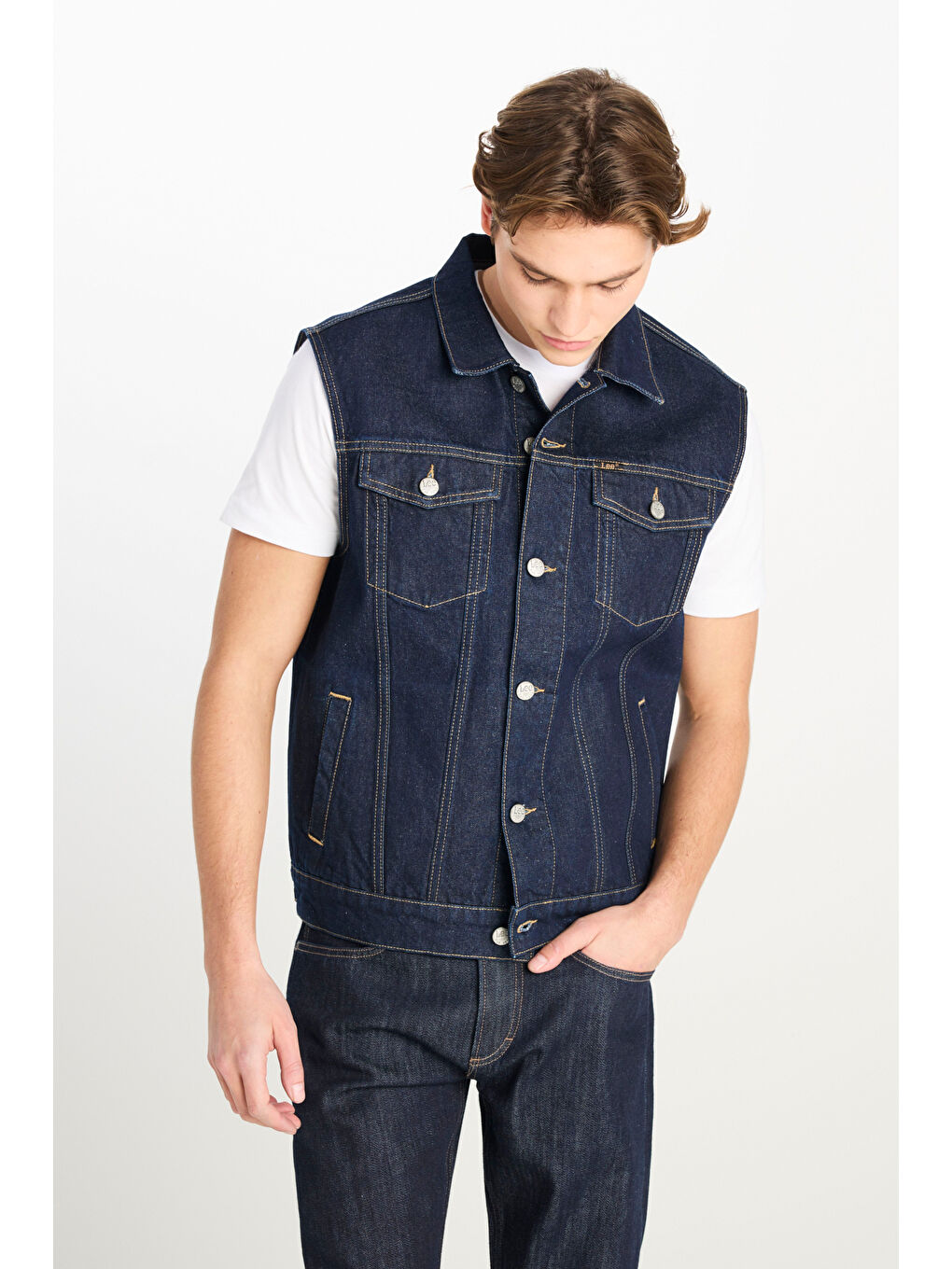 %100 Pamuk Relaxed Fit Geniş Kesim Lacivert Denim Yelek-1
