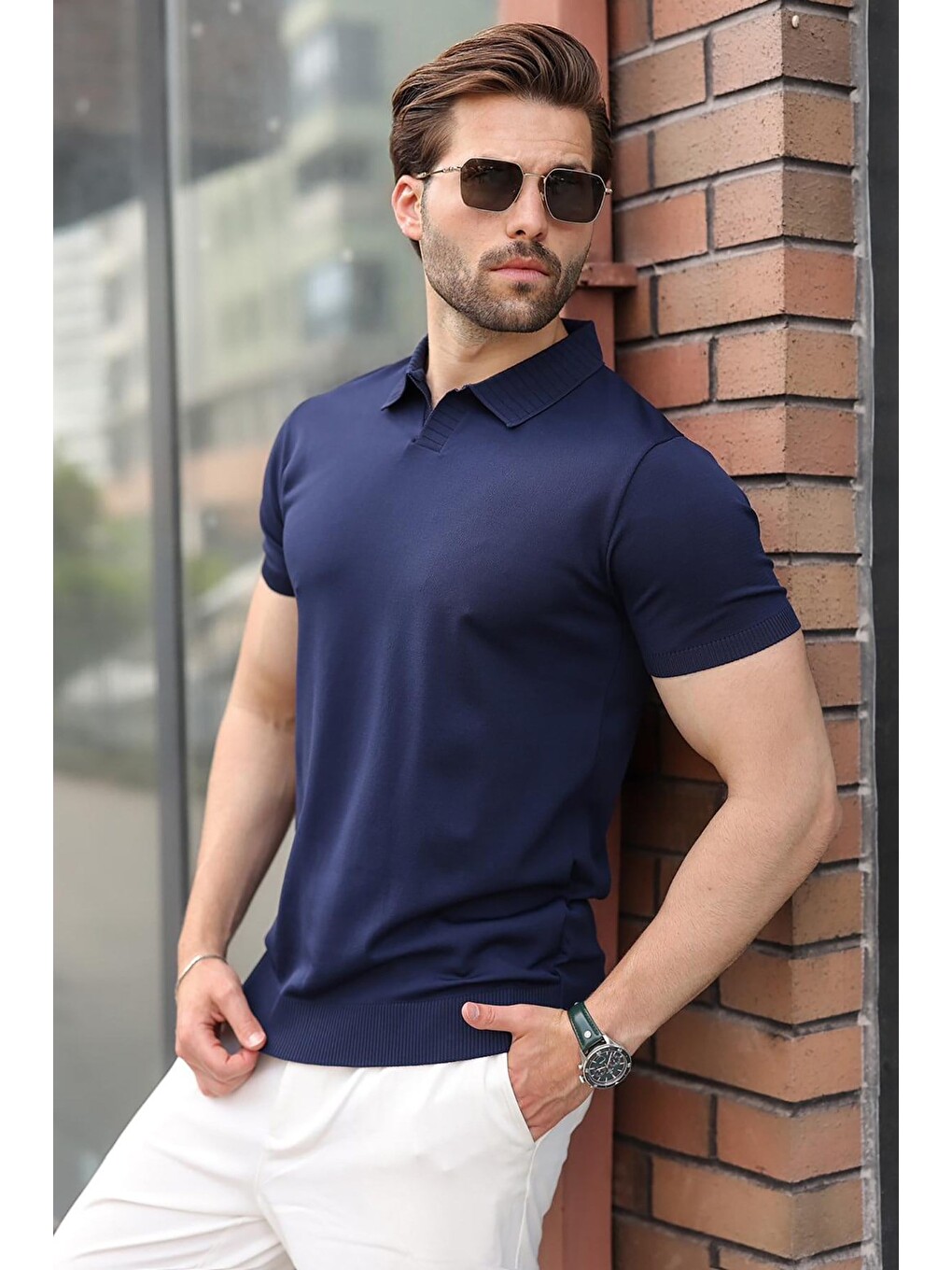 Lacivert Regular Fit Polo Yaka Triko Erkek Tişört E7502-1