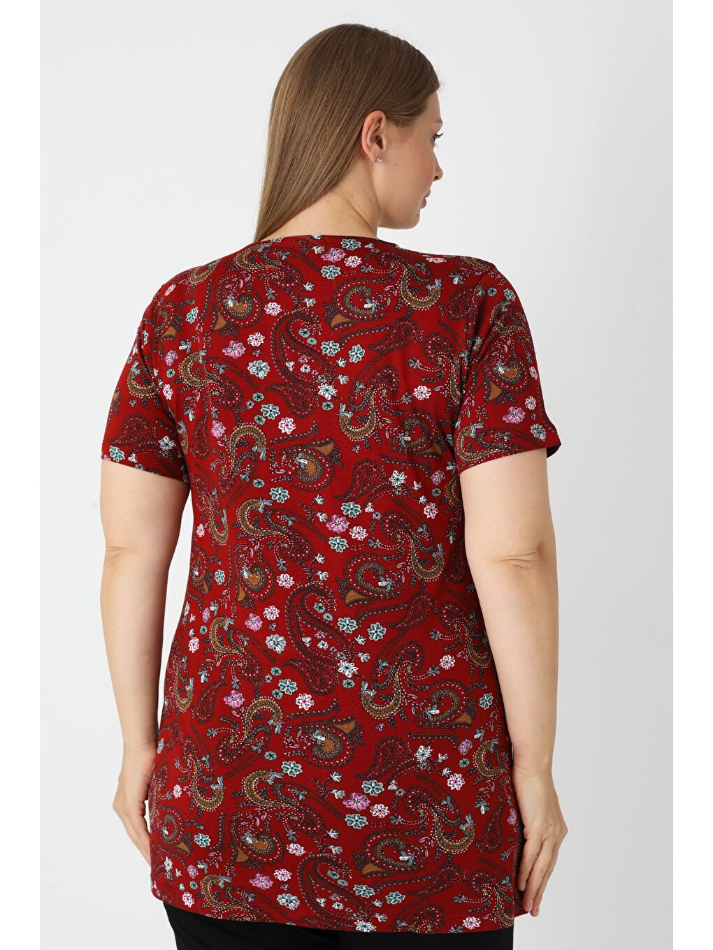 Bordo Haki Desenli Kısa Kollu Kadın Büyük Beden Pamuklu T-shirt-4