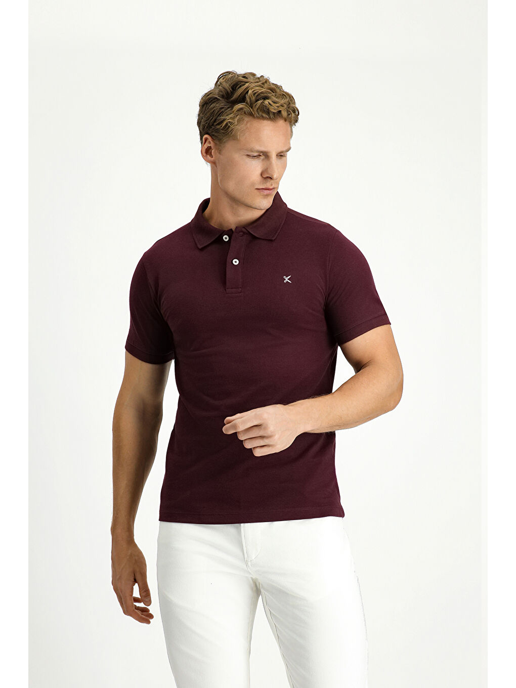 Bordo Polo Yaka Slim Fit Dar Kesim Nakışlı Pamuk %100 Pamuk Tişört