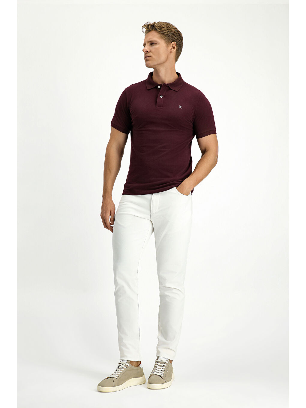 Bordo Polo Yaka Slim Fit Dar Kesim Nakışlı Pamuk %100 Pamuk Tişört-1