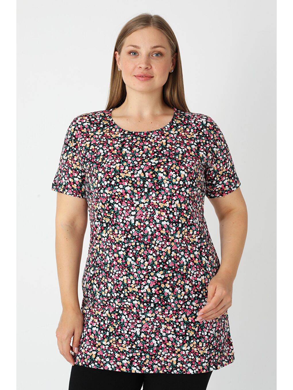 Karışık Haki Desenli Kısa Kollu Kadın Büyük Beden Pamuklu T-shirt-3