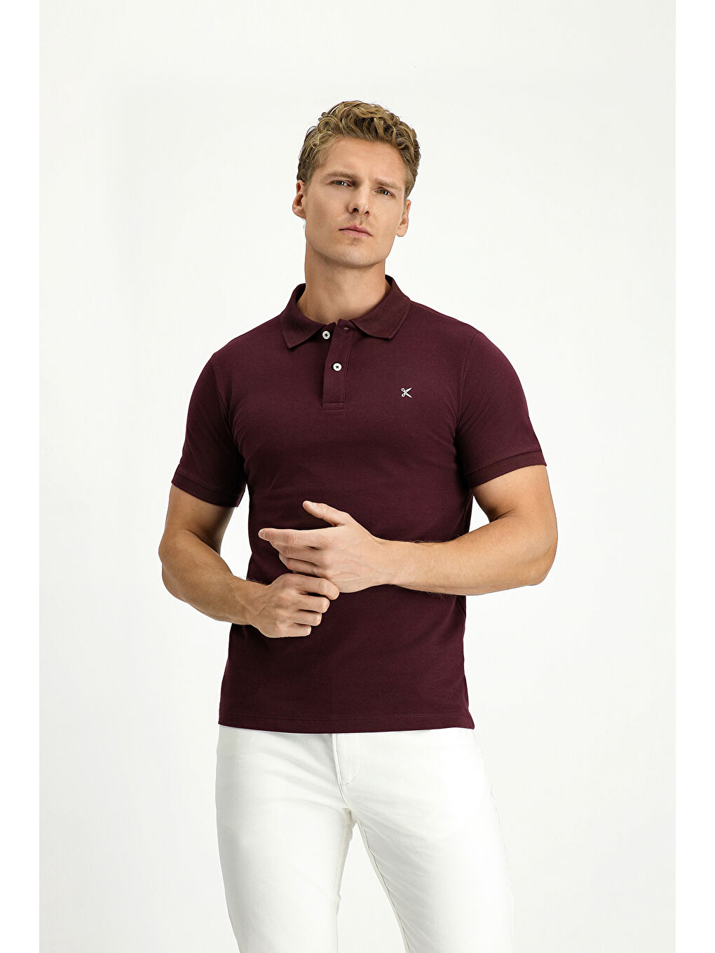 Bordo Polo Yaka Slim Fit Dar Kesim Nakışlı Pamuk %100 Pamuk Tişört-2