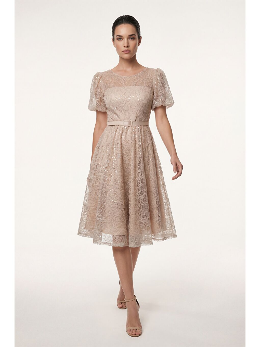 Kadın Bej Balon Kol Kemerli Söz Nişan Nikah Abiye Elbise-1