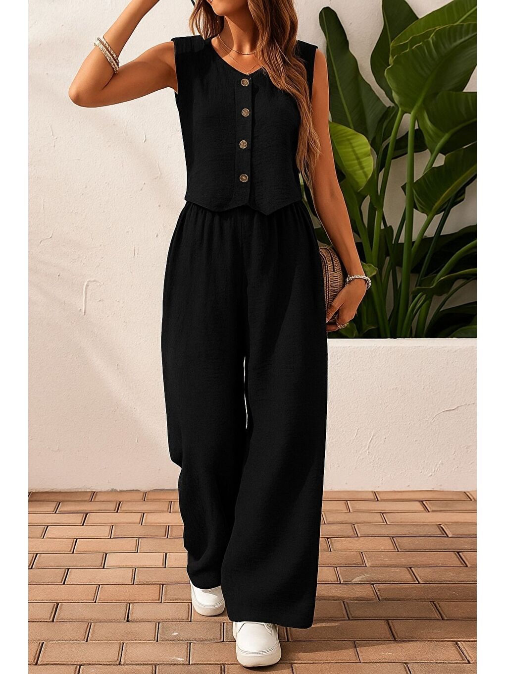 Siyah Düğmeli Yelekli Dokuma Milano Kumaş Pantolonlu Takım