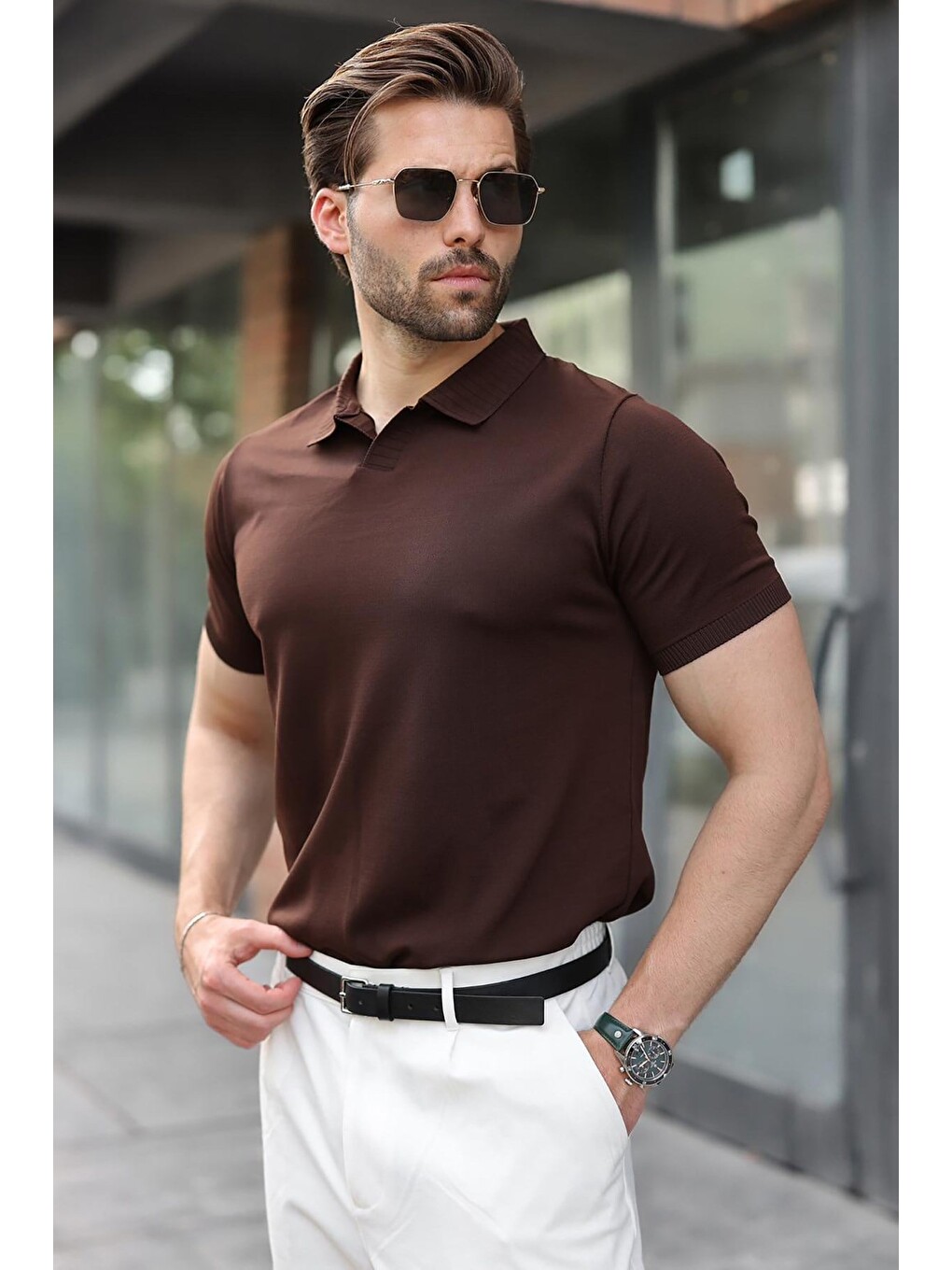 Kahverengi Regular Fit Polo Yaka Triko Erkek Tişört E7502