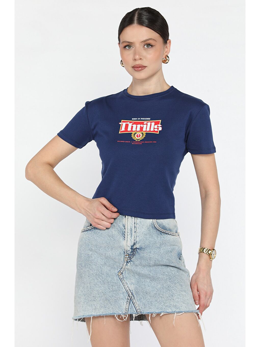 Lacivert Bisiklet Yaka Baskılı Kadın Tişört-1