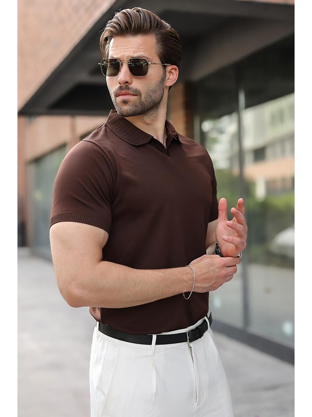 Kahverengi Regular Fit Polo Yaka Triko Erkek Tişört E7502-1