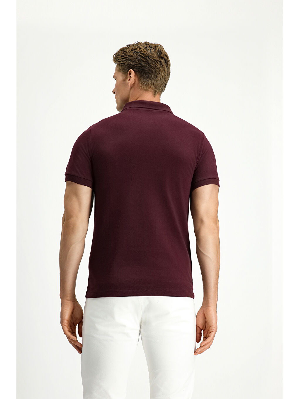 Bordo Polo Yaka Slim Fit Dar Kesim Nakışlı Pamuk %100 Pamuk Tişört-3