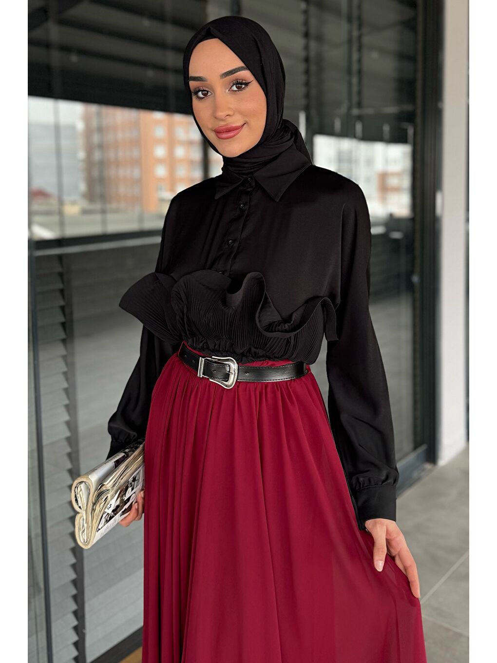Bordo Kemerli Tesettür Şifon Etek-2