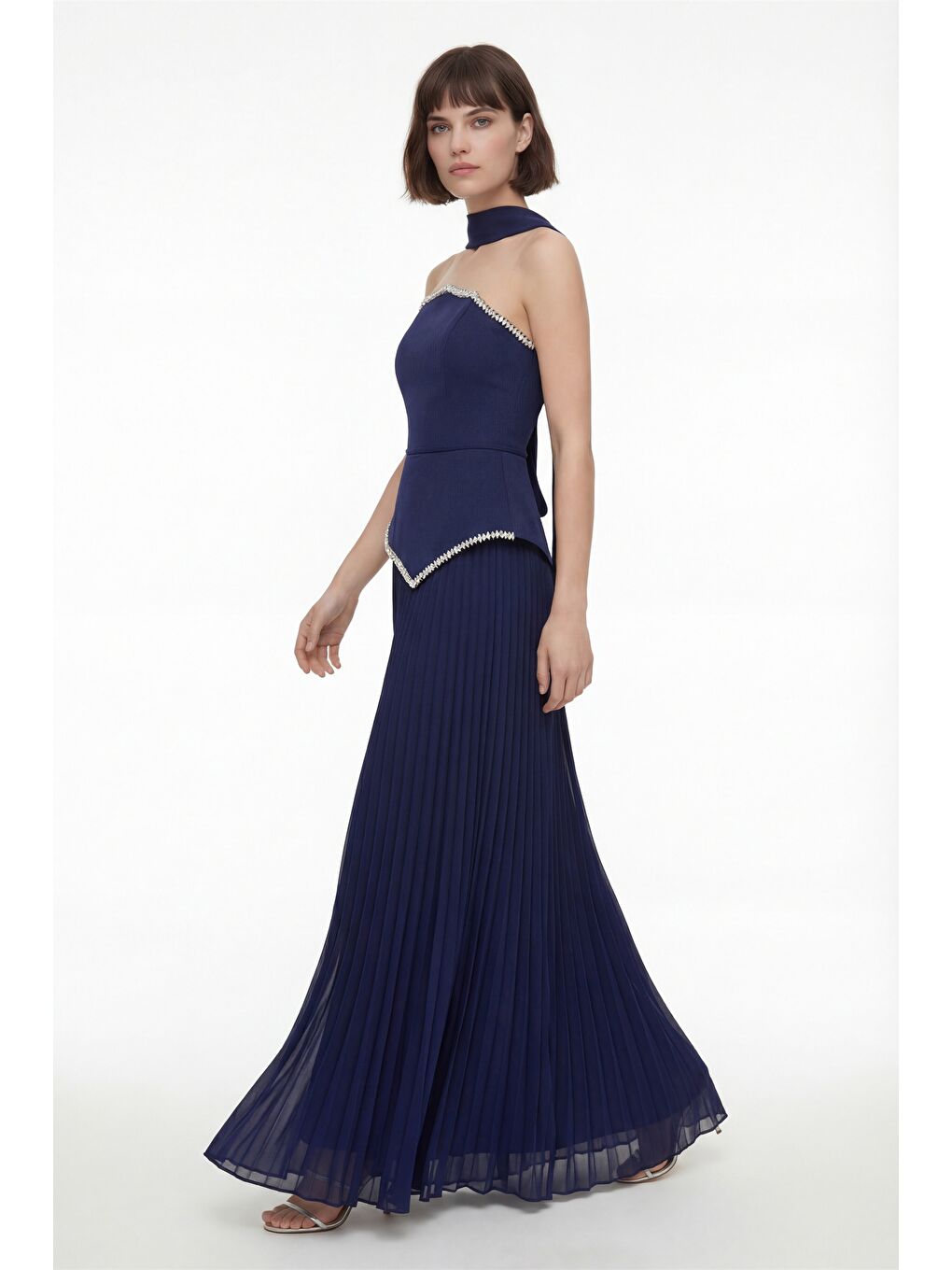 Kadın Lacivert Dar Kalıp Şal Yaka Piliseli Uzun Abiye Elbise-1