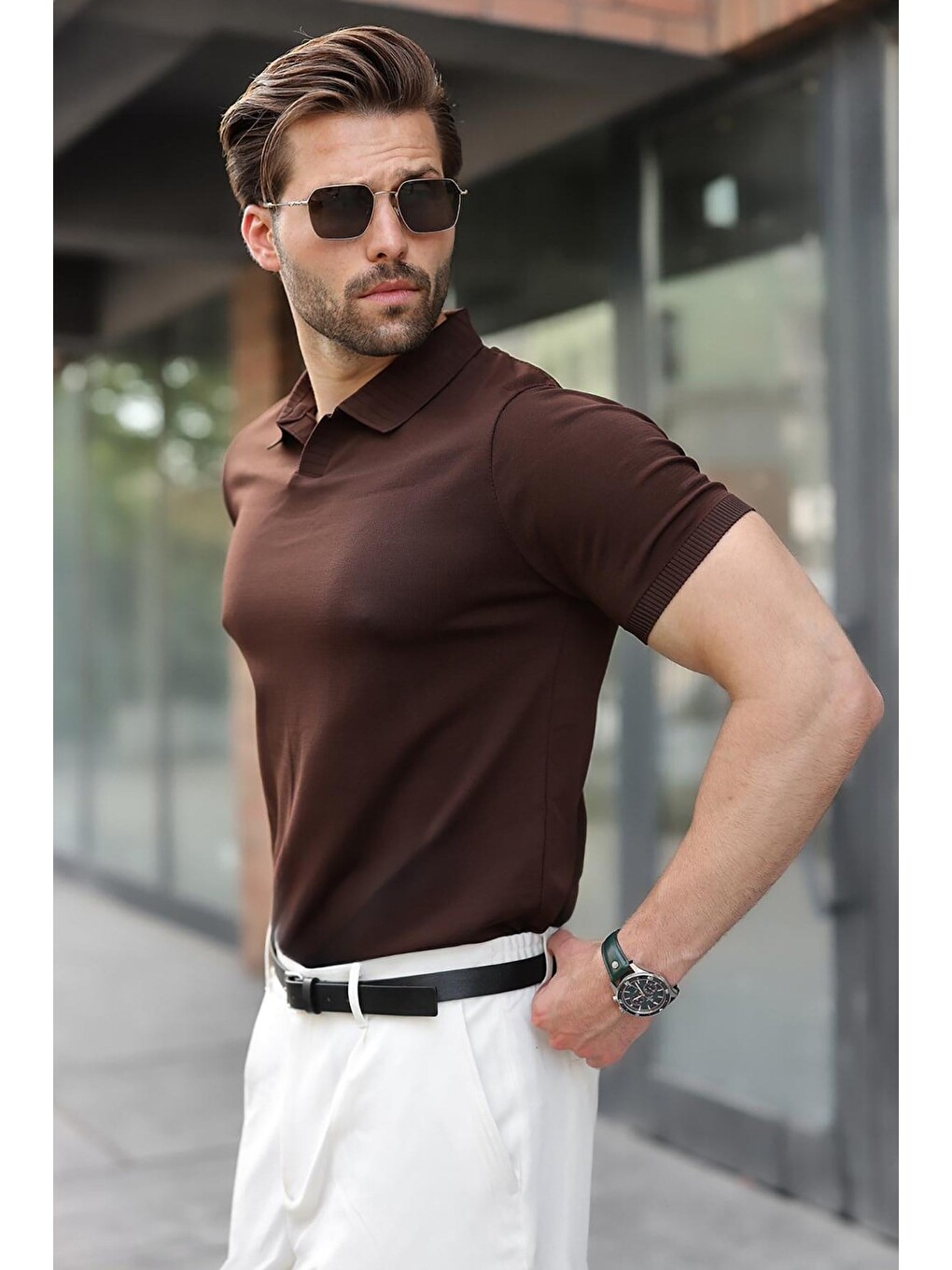 Kahverengi Regular Fit Polo Yaka Triko Erkek Tişört E7502-4