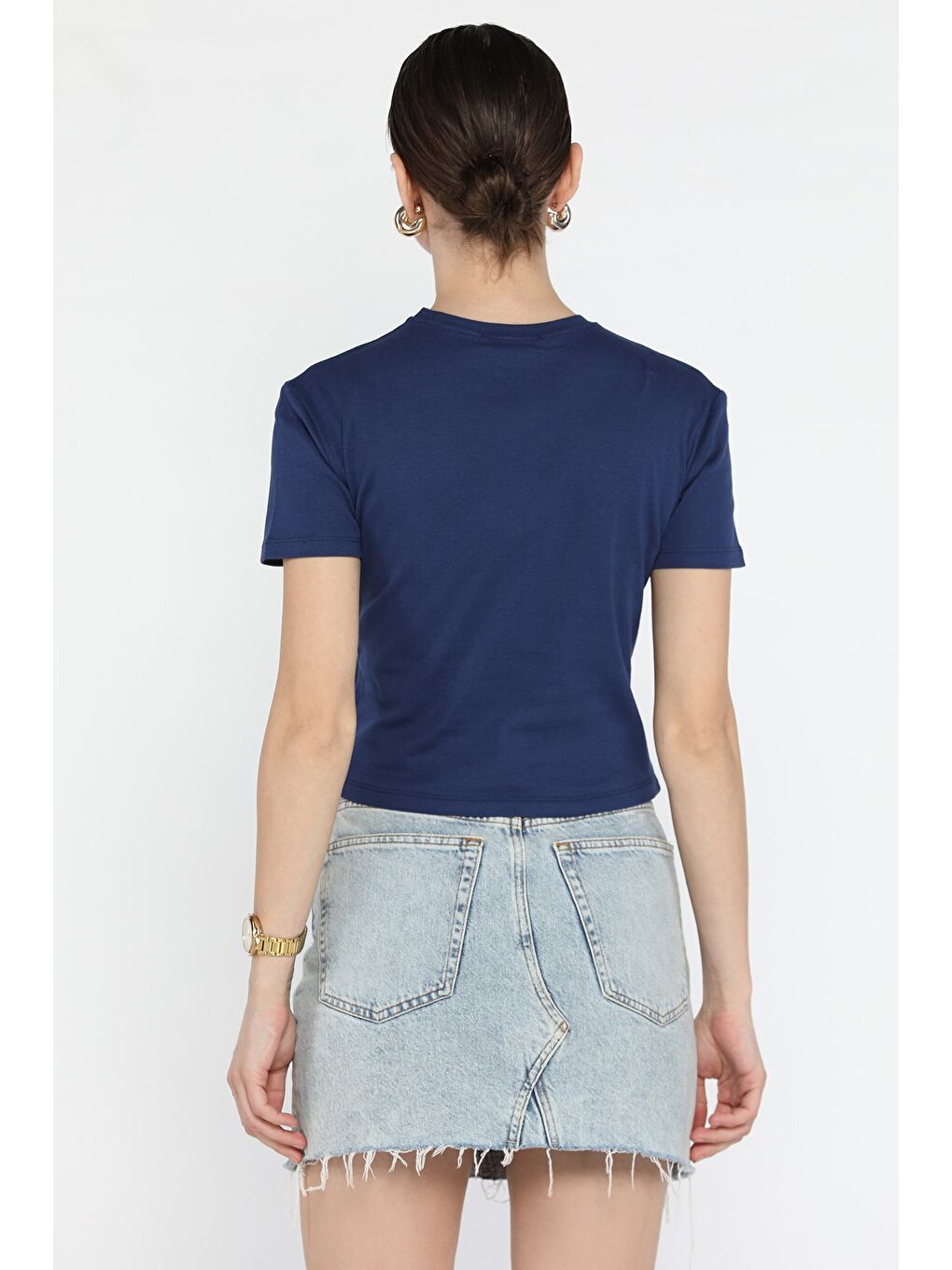 Lacivert Bisiklet Yaka Baskılı Kadın Tişört-2