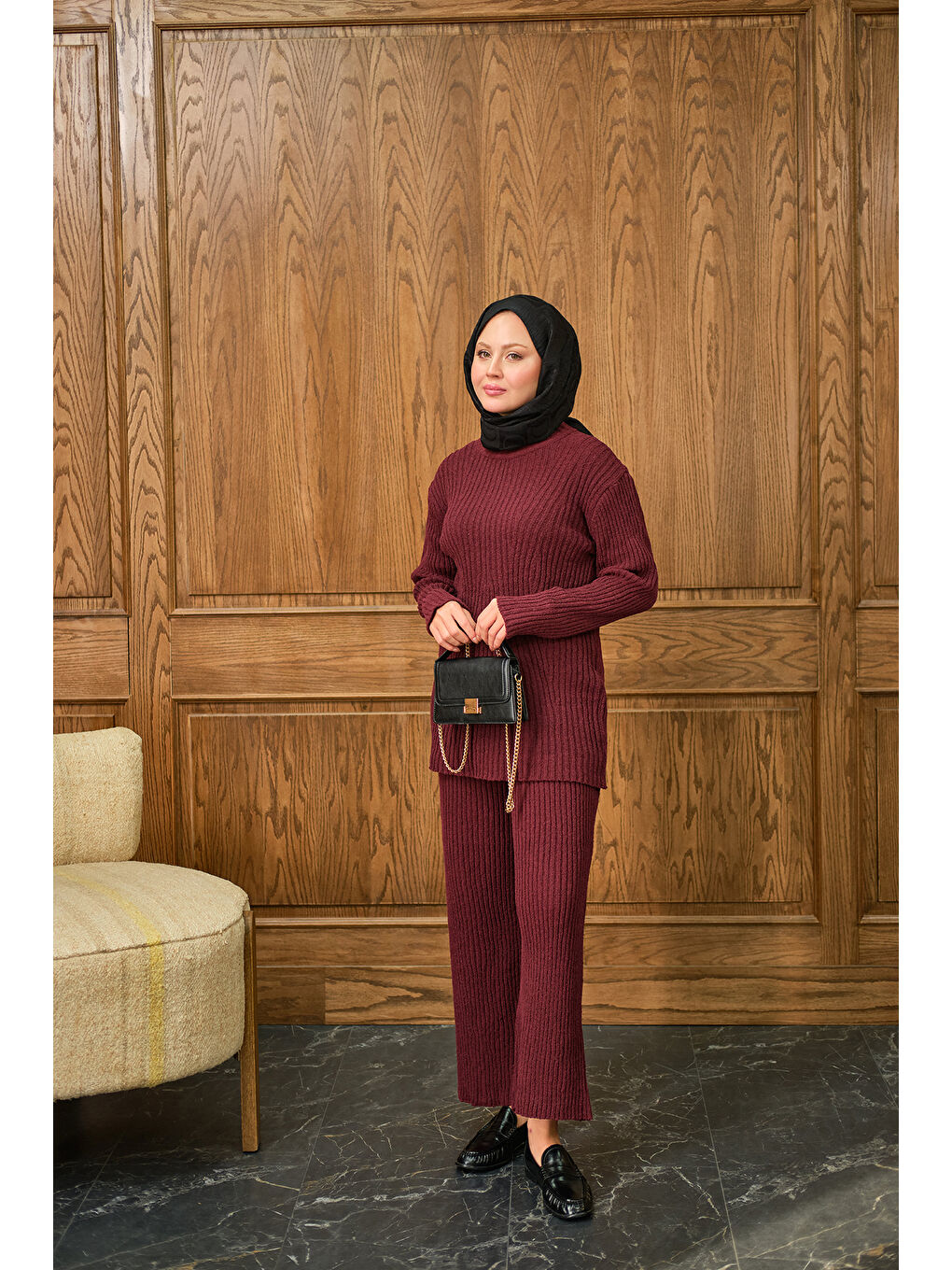 Kadın Bisiklet Yaka Triko Takım Bordo-2