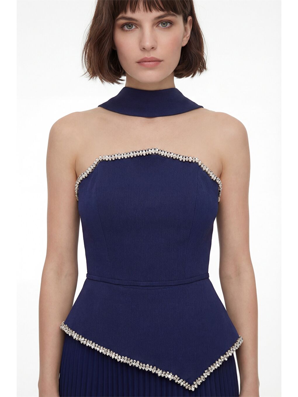 Kadın Lacivert Dar Kalıp Şal Yaka Piliseli Uzun Abiye Elbise-2