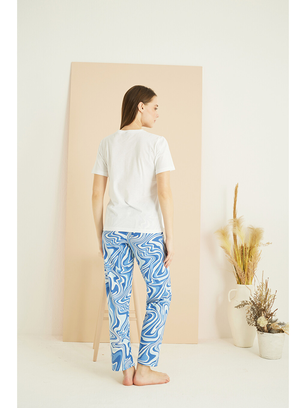 Ekru Desenli Pamuklu Bisiklet Yaka Örme Pijama Takım25103246-2