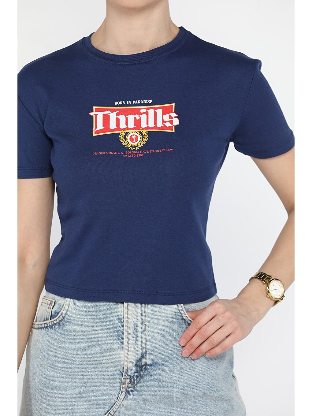 Lacivert Bisiklet Yaka Baskılı Kadın Tişört-3