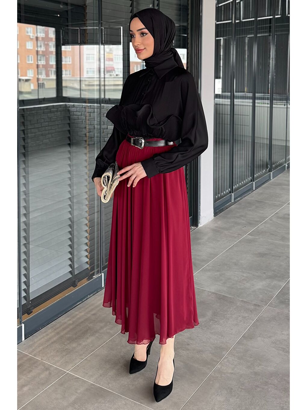 Bordo Kemerli Tesettür Şifon Etek-5