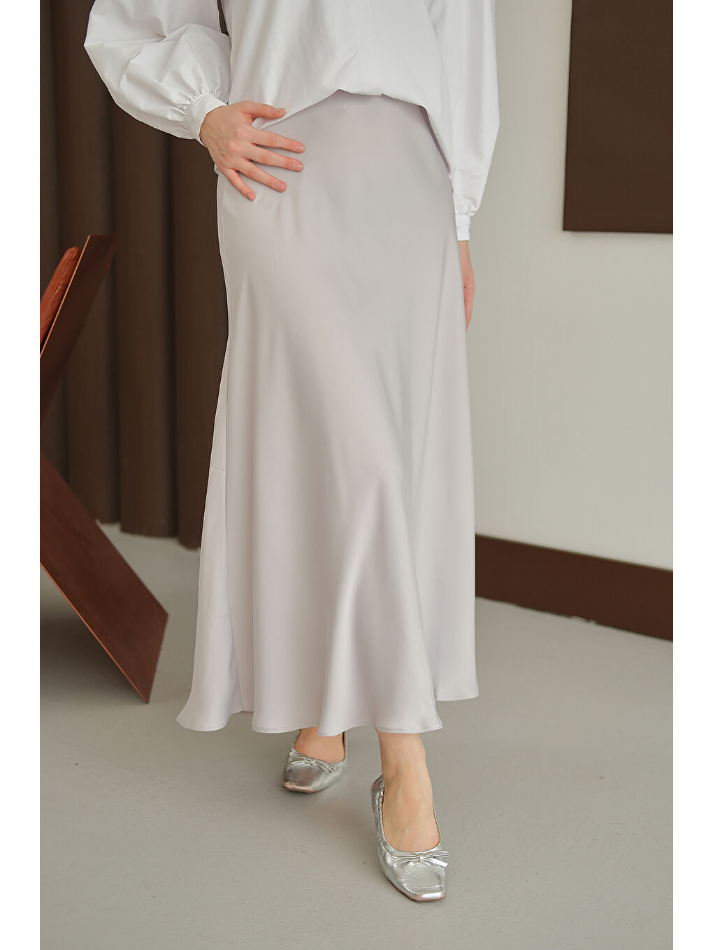 Kadın Saten Etek Gri-4