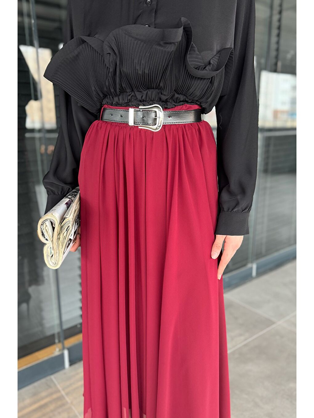 Bordo Kemerli Tesettür Şifon Etek-6