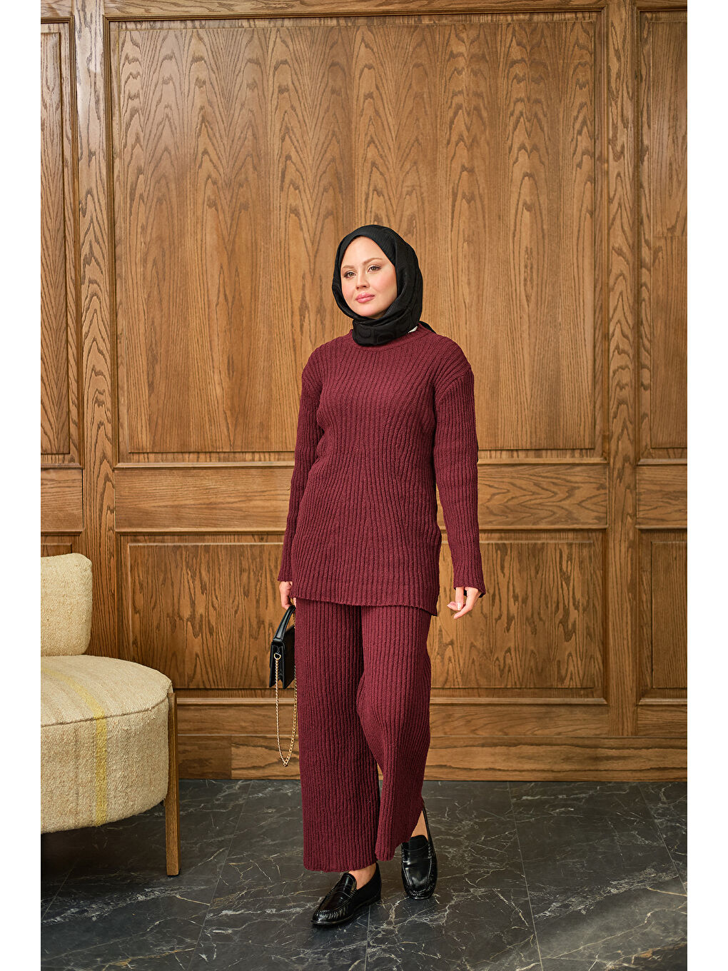 Kadın Bisiklet Yaka Triko Takım Bordo-3