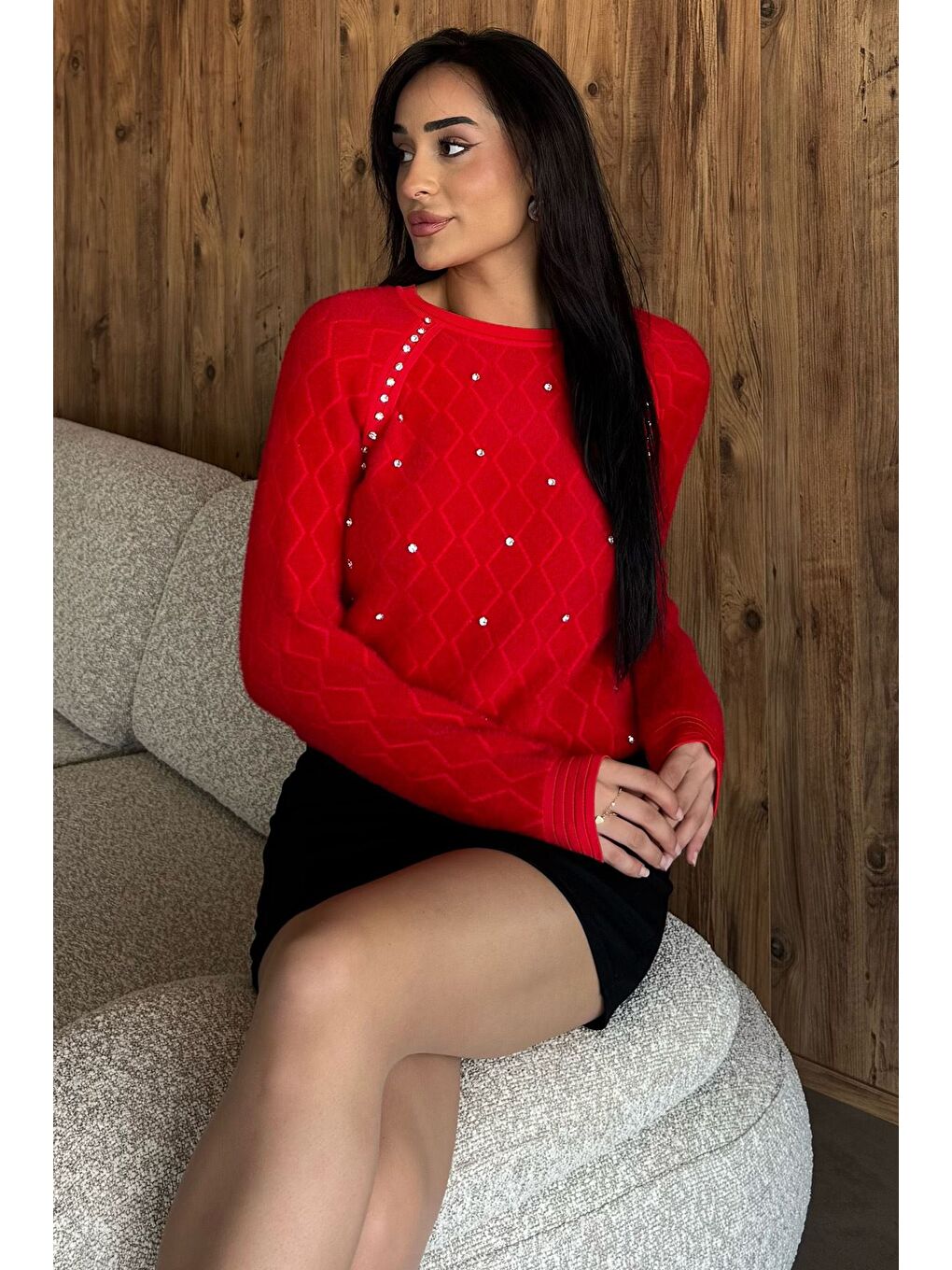 Kırmızı Taşlı Yumoş Triko Kazak (s,m,l Uyumludur)-1