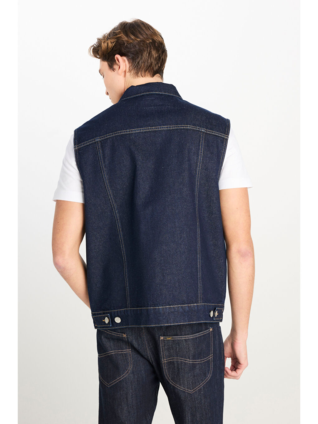 %100 Pamuk Relaxed Fit Geniş Kesim Lacivert Denim Yelek-4