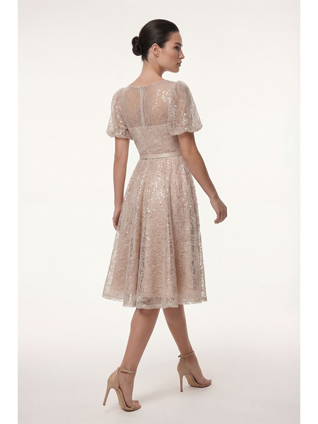 Kadın Bej Balon Kol Kemerli Söz Nişan Nikah Abiye Elbise-4