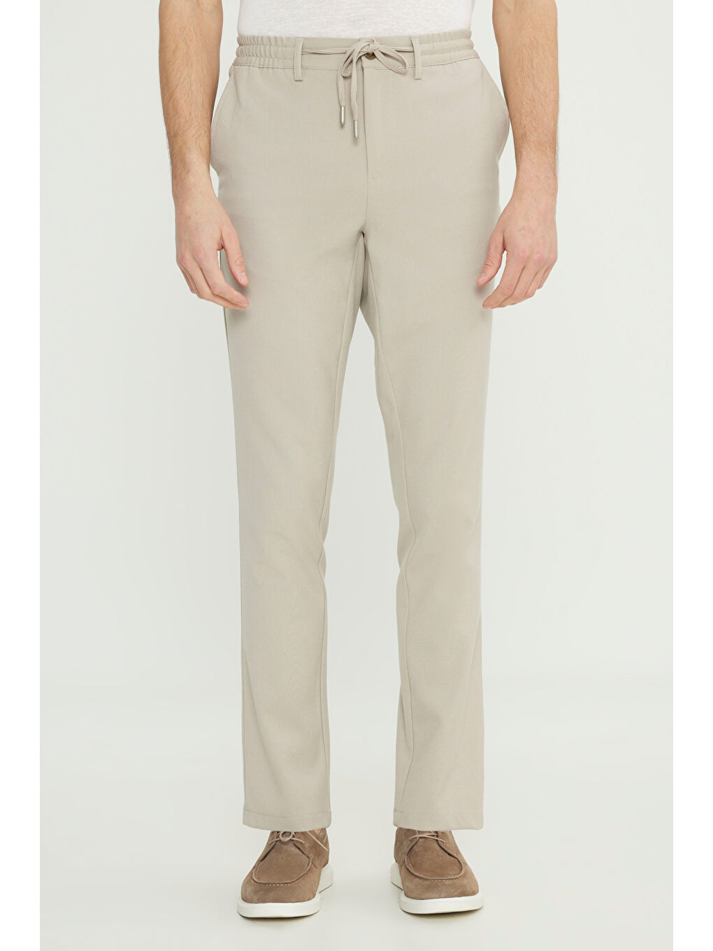 Erkek Bej Slim Fit Dar Kesim Beli Bağlamalı Yan Cepli Esnek Pantolon